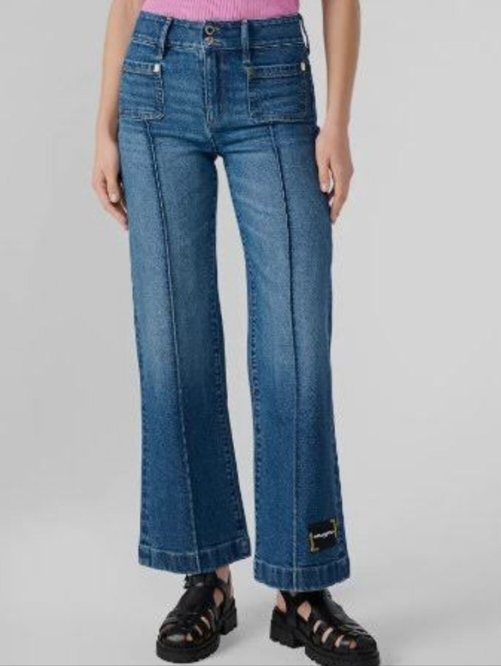 Karl Lagerfeld Women's Wide Leg Jeans Cropped With Logo On Hem Sz 0